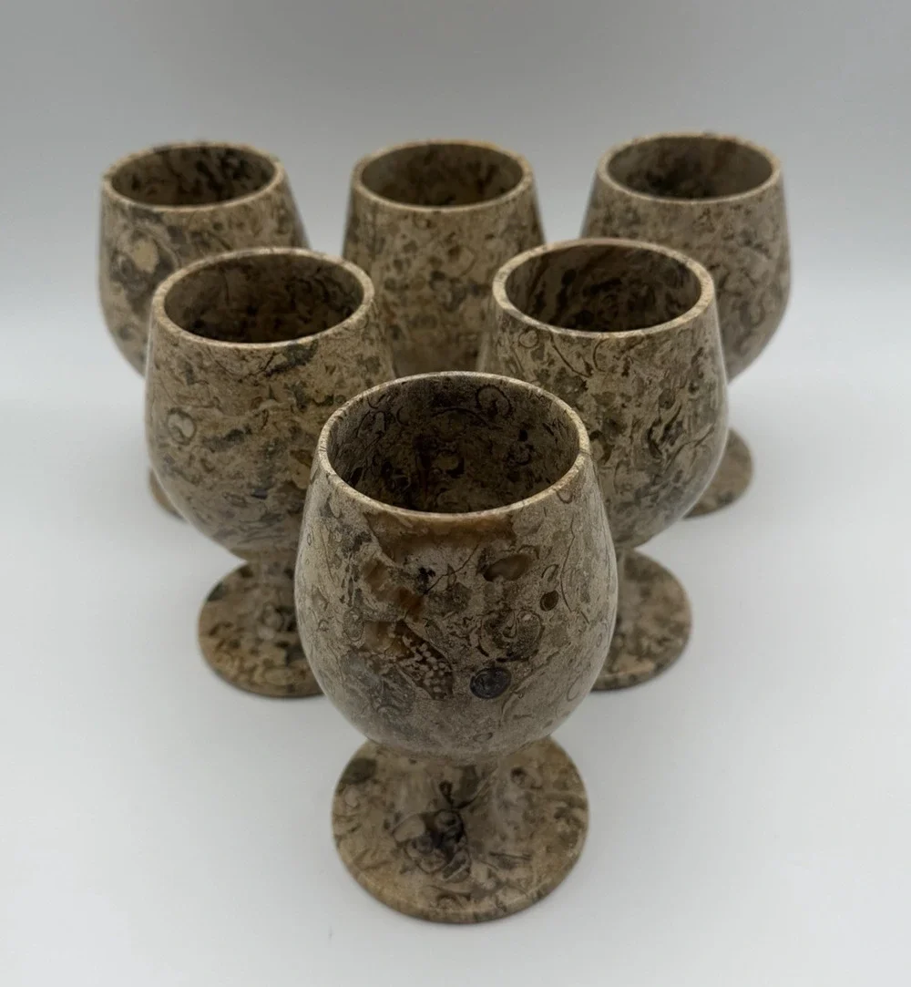 Vintage Fossil Stone Marble Goblets Set of 6 Wine Cups Natural Stone 5